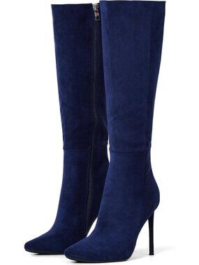 Women's 4 inch Knee High Long Boots Stiletto Pointed Toe Heeled Boot Navy Blue